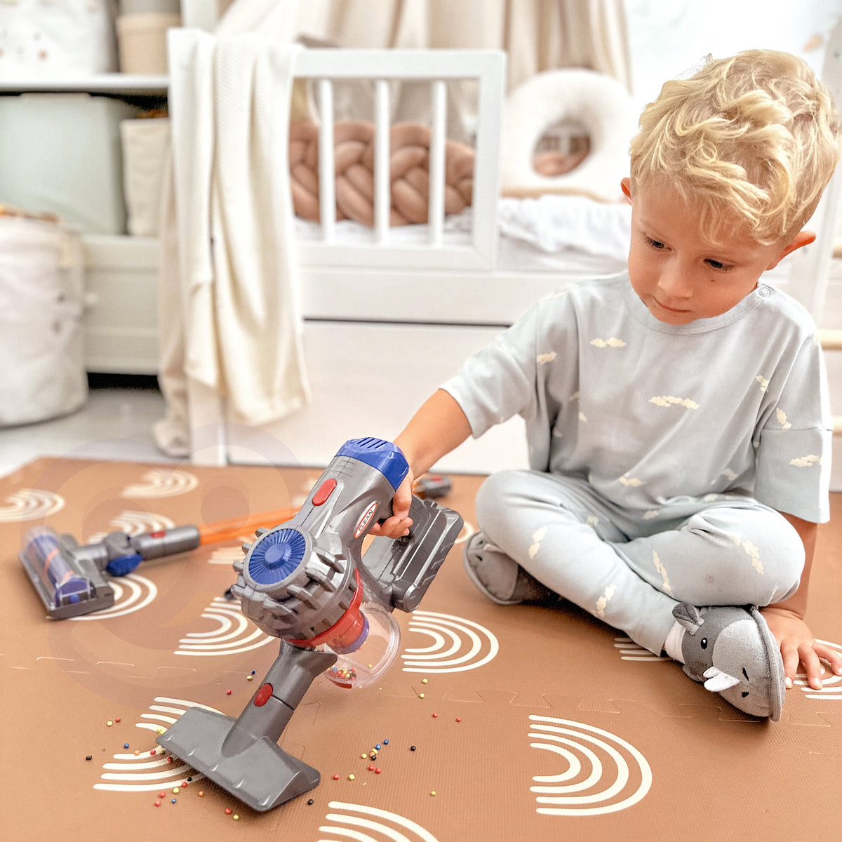 Realistic toy vacuum cleaner with sounds for little helpers