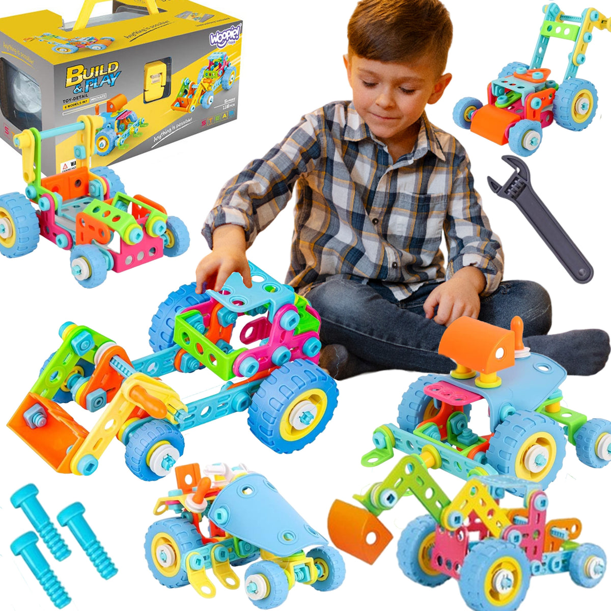 Woopie 6-in-1 STEM vehicle building set with screwdriver, 118 pieces