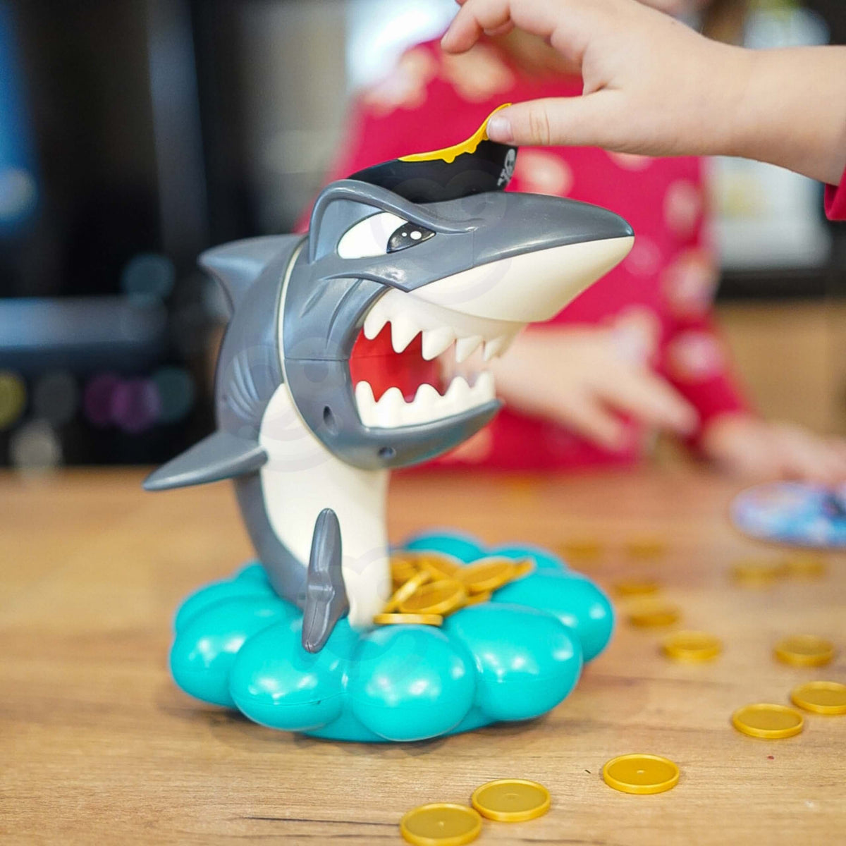 Pirate shark in a hat on the sea-wave game base