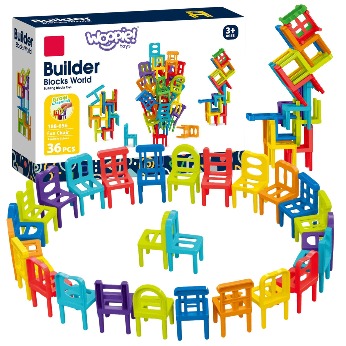 Woopie Balancing Chairs stacking game for kids, 36 pieces