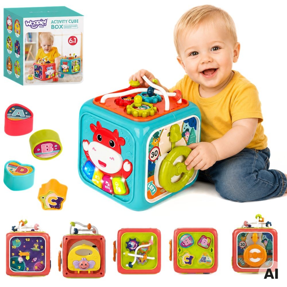 Woopie Baby 6-in-1 sensorais aktivitāšu kubs ar formu šķirotāju