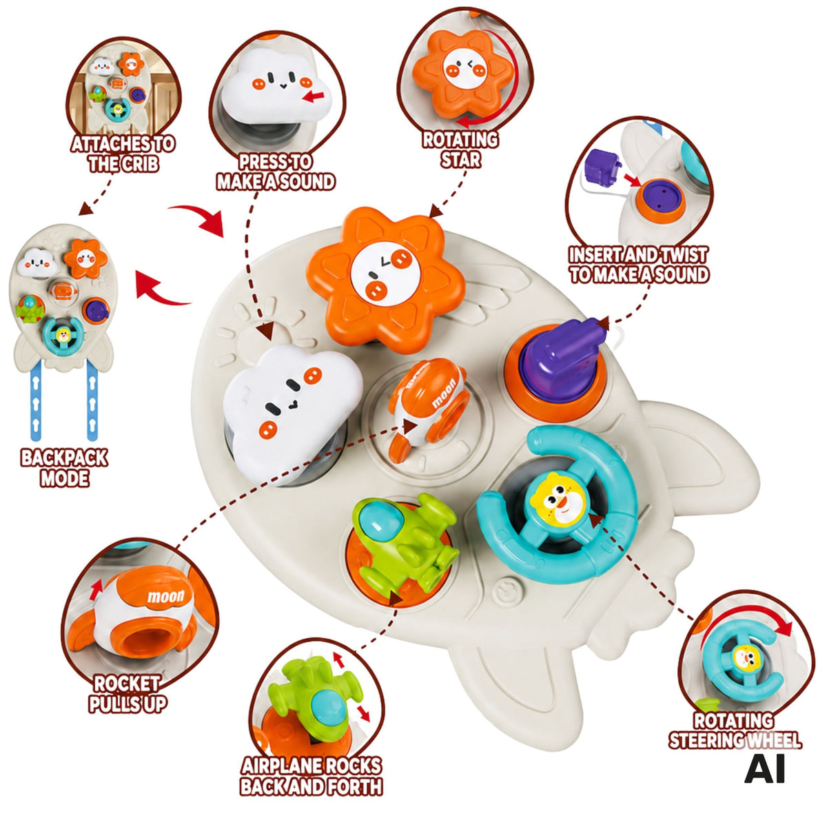 Woopie Baby rocket activity board – pull-up rocket and rocking plane