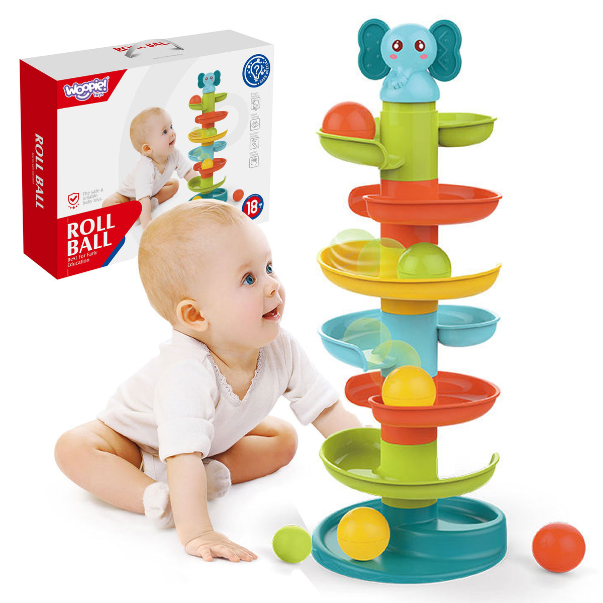 Woopie Baby spirālveida bumbiņu tornis ar trim grabošām bumbiņām