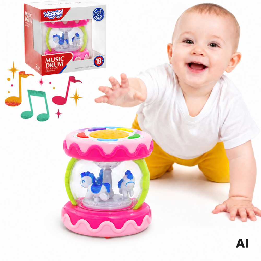Woopie Baby rozā bungas, mūzikas kaste un projektors 3 vienā