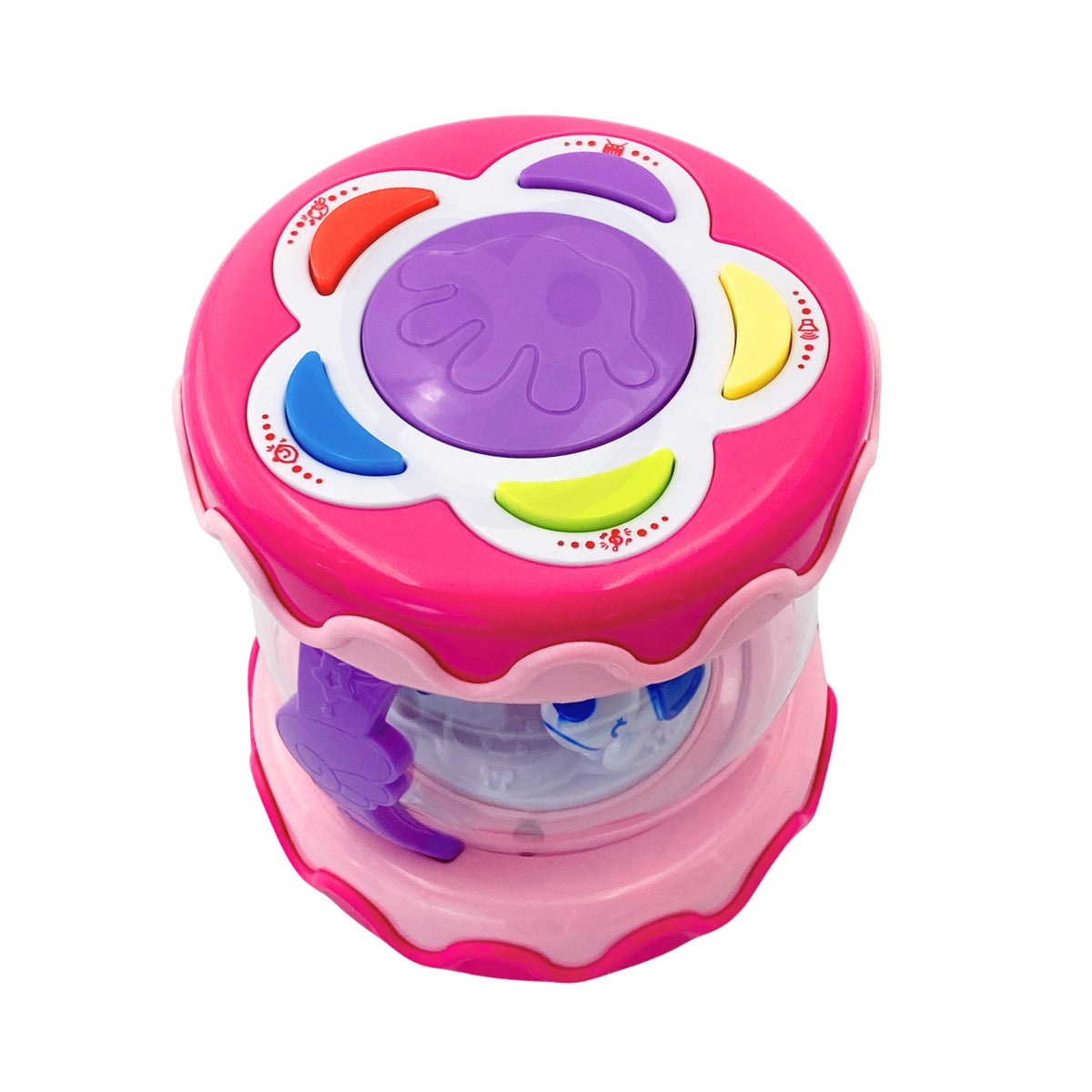 Baby crawling after the rolling musical drum