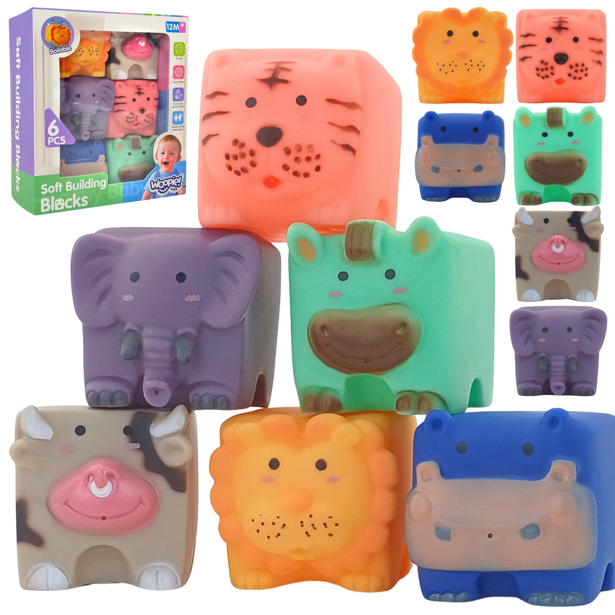 Woopie Baby Squeaky Sensory Blocks with Animals 6 pcs