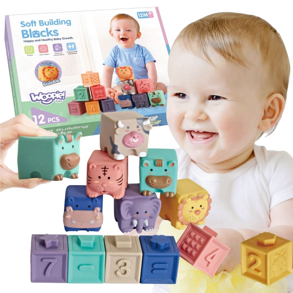 Woopie Baby soft connecting sensory blocks with squeak, 12 pieces