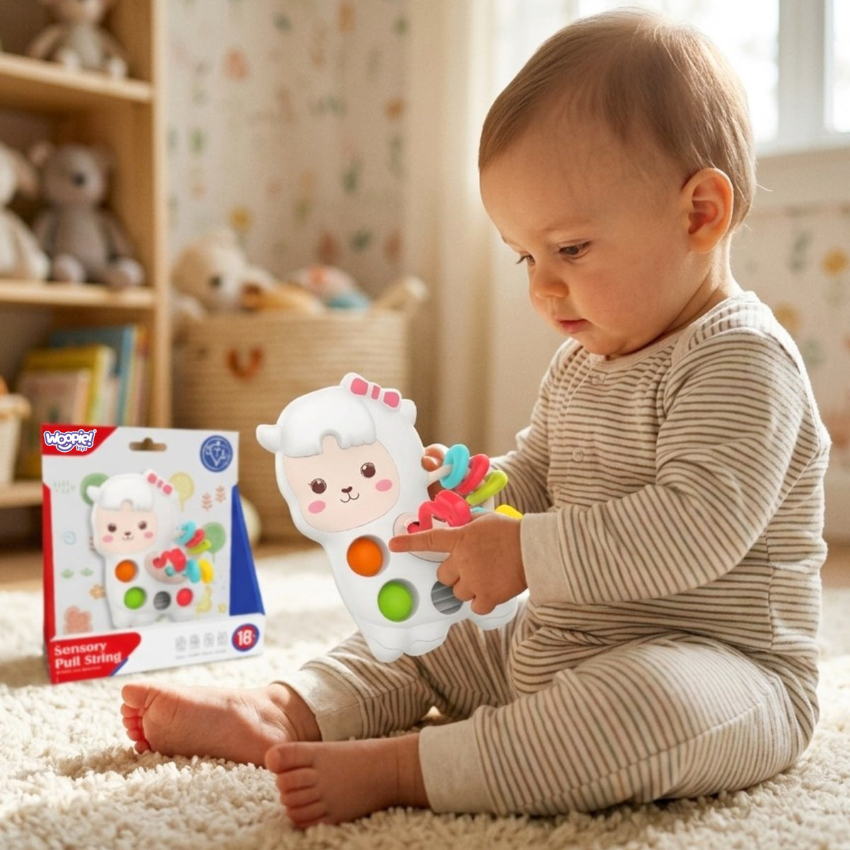 Woopie Baby llama sensory toy – textured pull strings