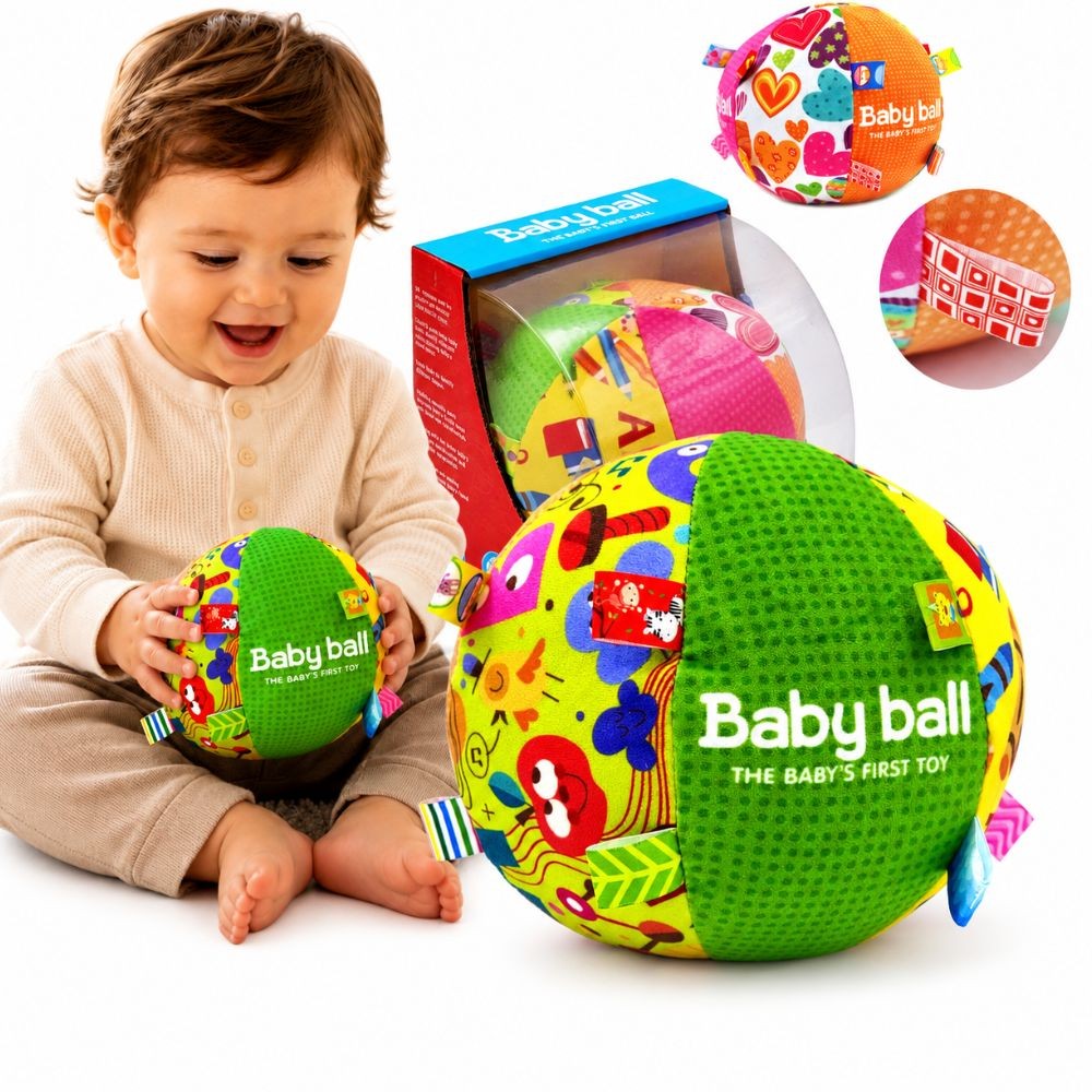 Woopie Baby mīkstā sensorā bumba ar lentītēm un grabuli