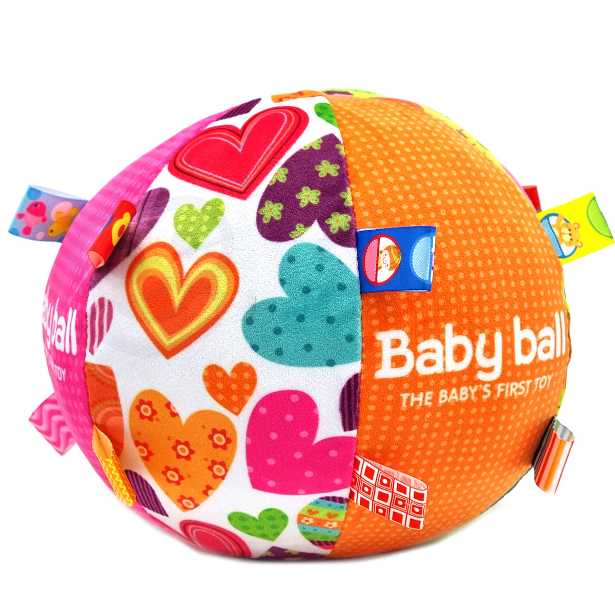 Baby grabbing the tags of the soft sensory ball