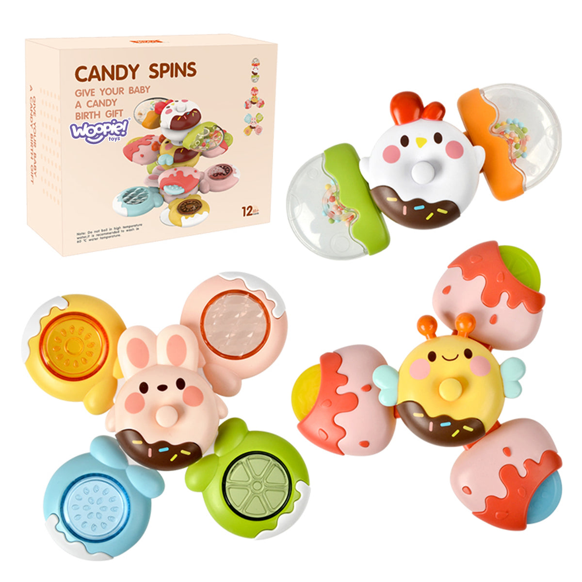 Woopie Baby Suction Spinner Toys Bee, Chick, Bunny, 3 pcs