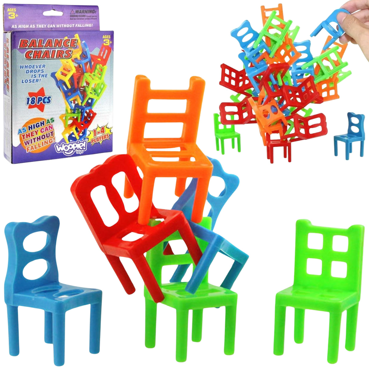Woopie balancing chairs stacking game for kids, 18 pieces