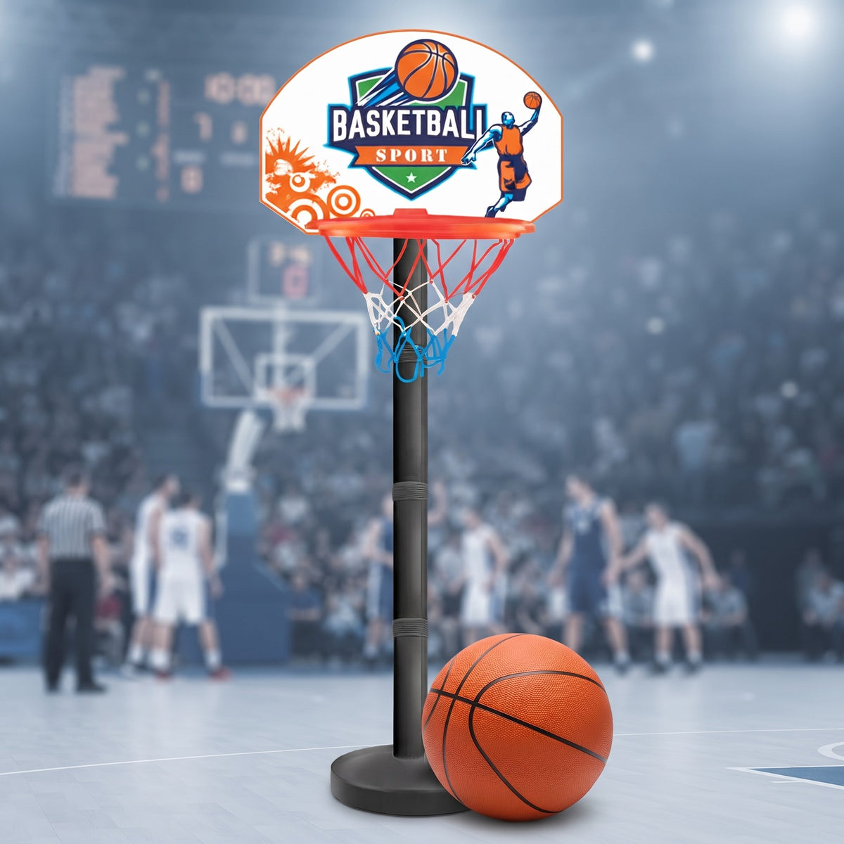 Basketbola vairogs ar grafiku un grozs ar tīklu