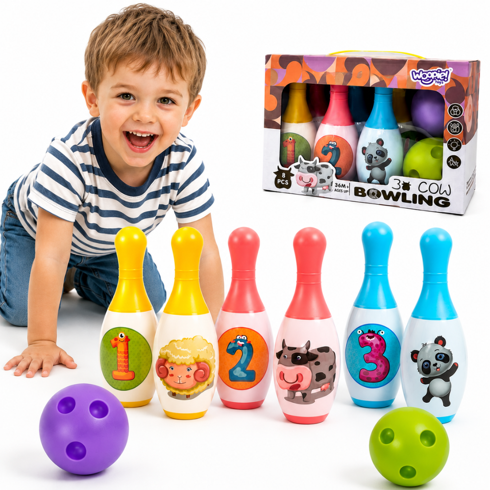 Woopie kids bowling set with animal and number pins, 8 pieces