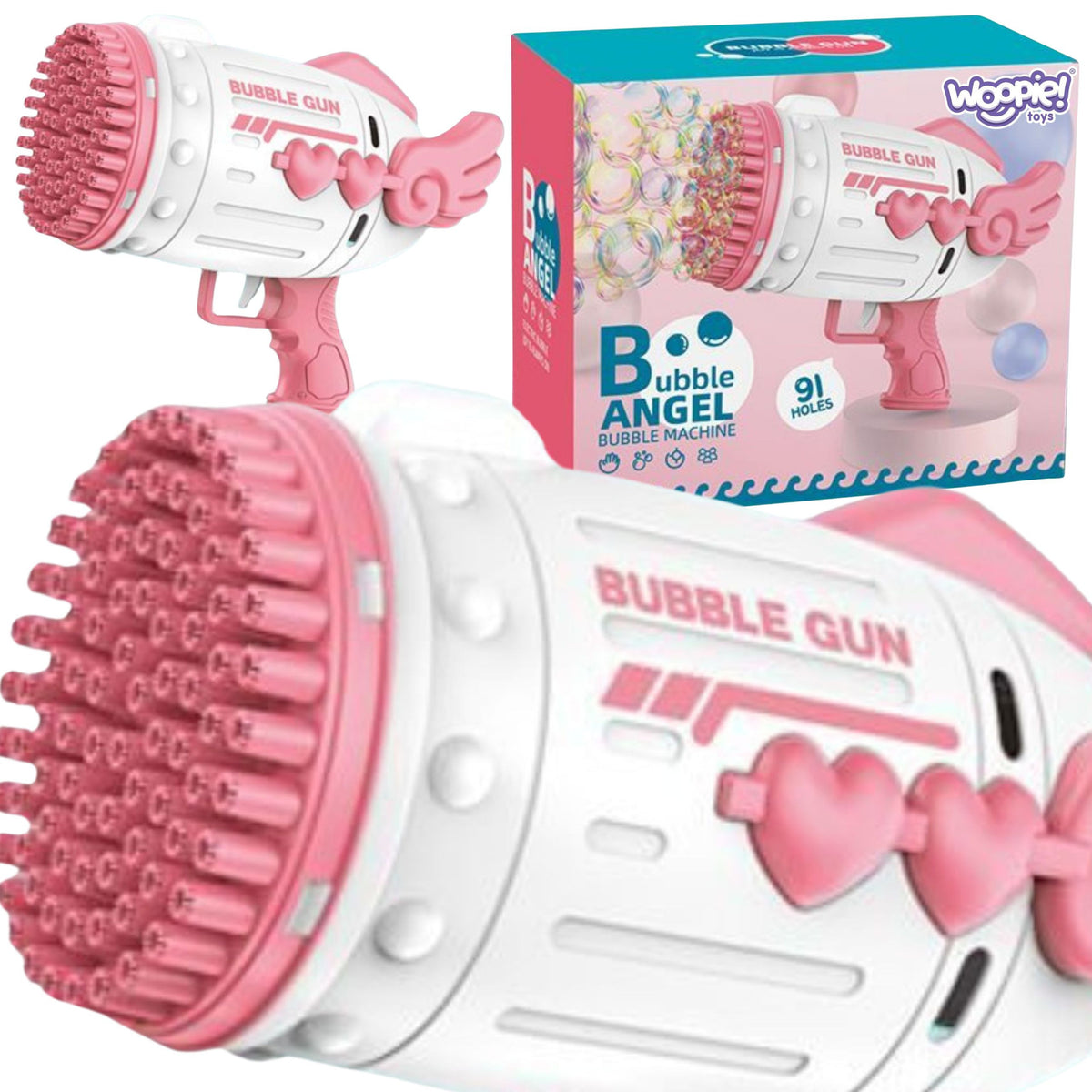 Woopie burbuļu pistole ar 91 caurumu un LED, rozā