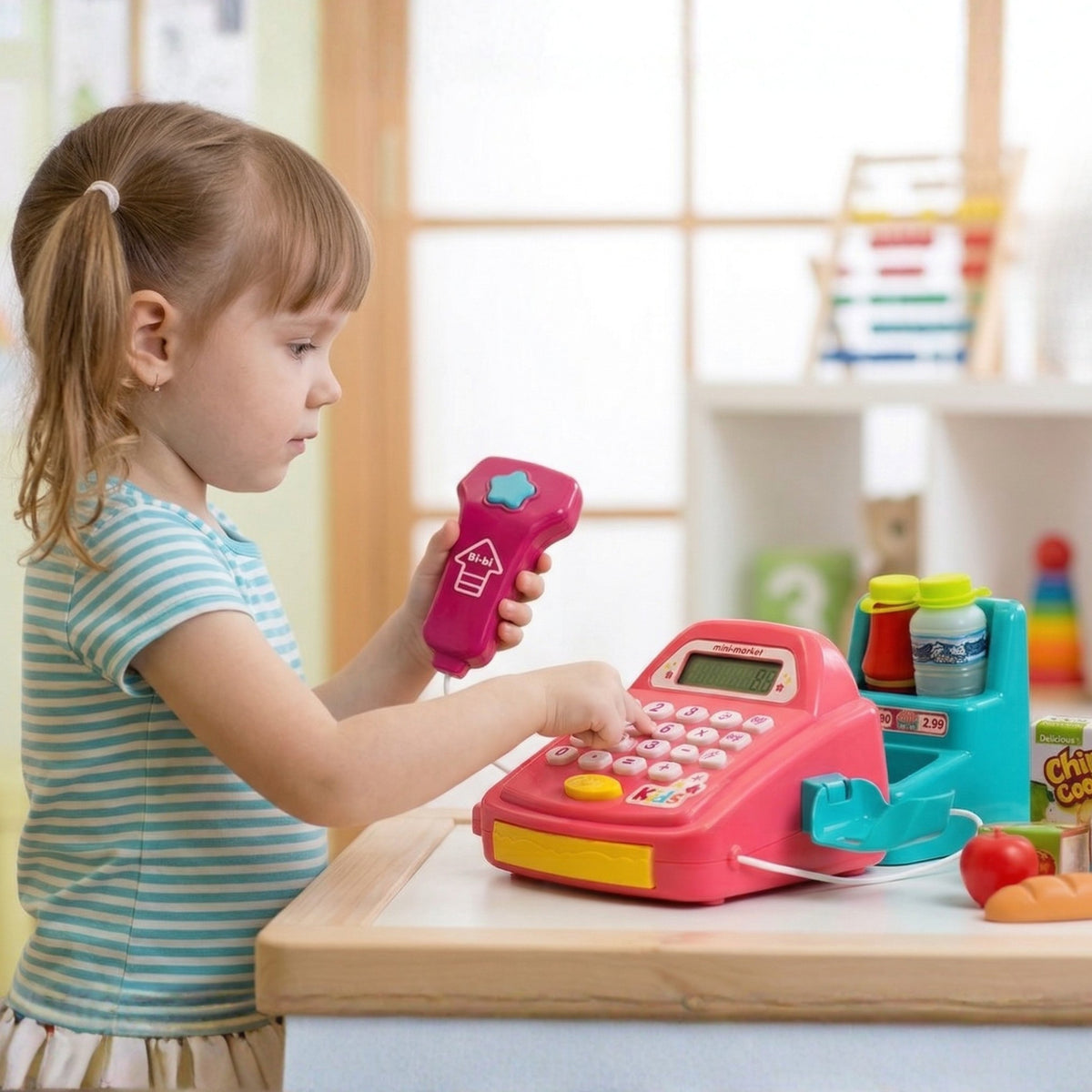 Toy cash register with drawer open and play money