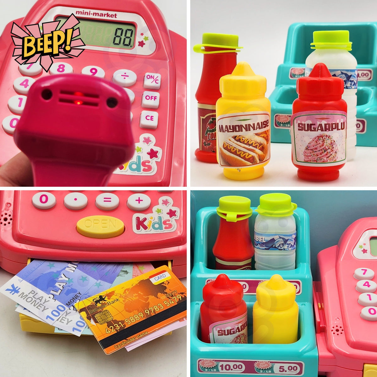 Play food boxes, bottle and shopping basket