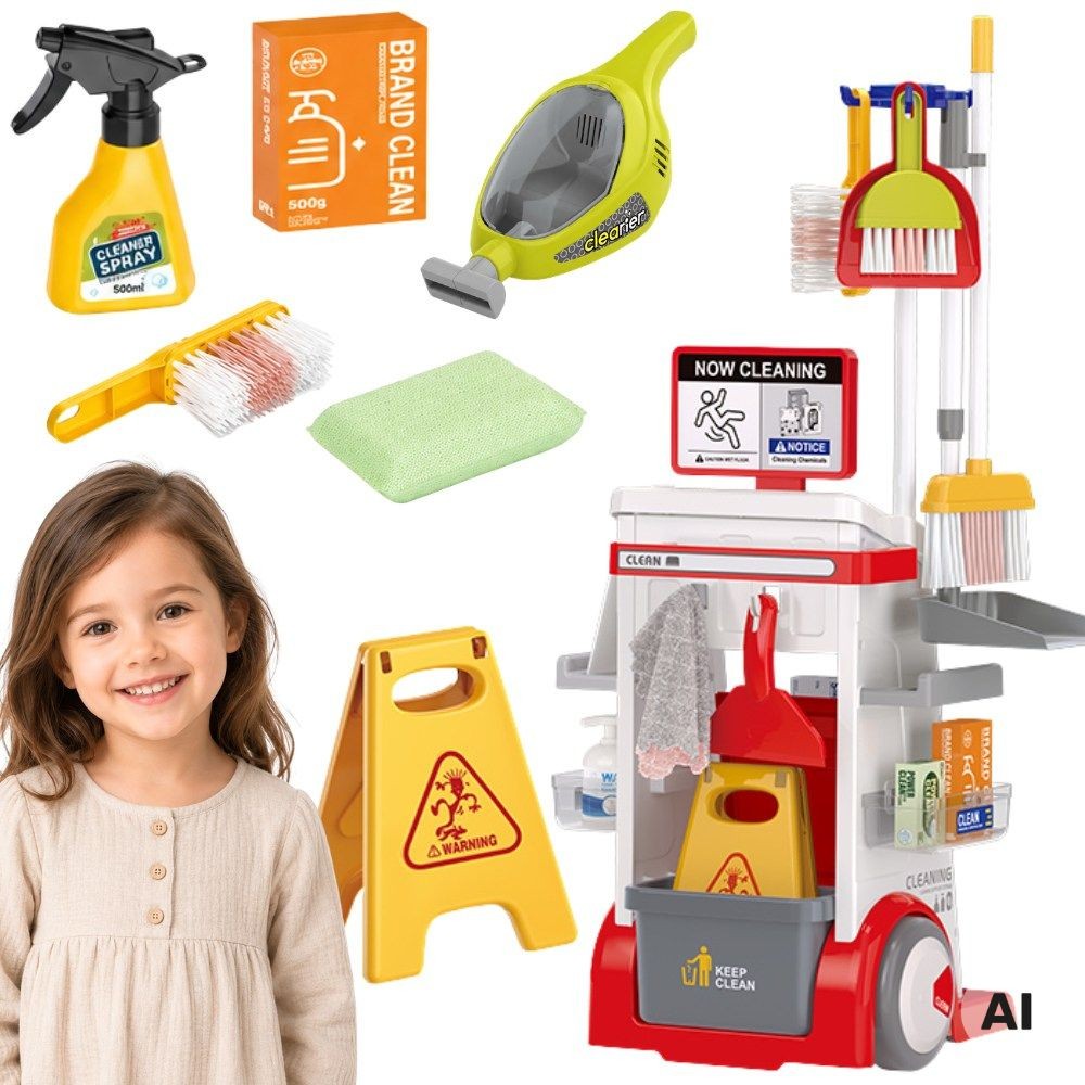 Woopie toy cleaning cart with vacuum, flat mop and chore chart