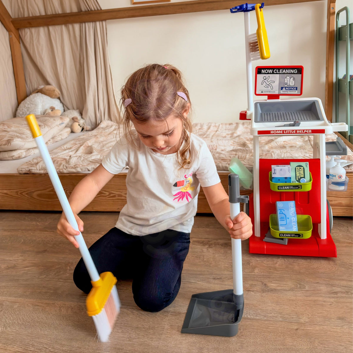 Wet floor warning sign, sponge and dust cloth
