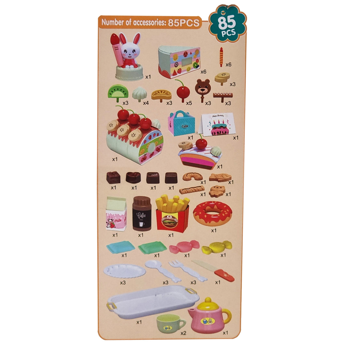 Toy birthday cake – sweets, fruit, cookies and a doughnut