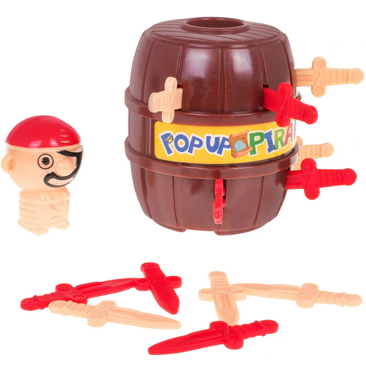 Pirate popping out of the barrel with coloured swords