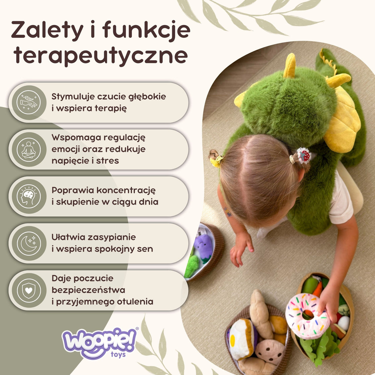 Woopie svērtais dinozaurs – bērns apskauj
