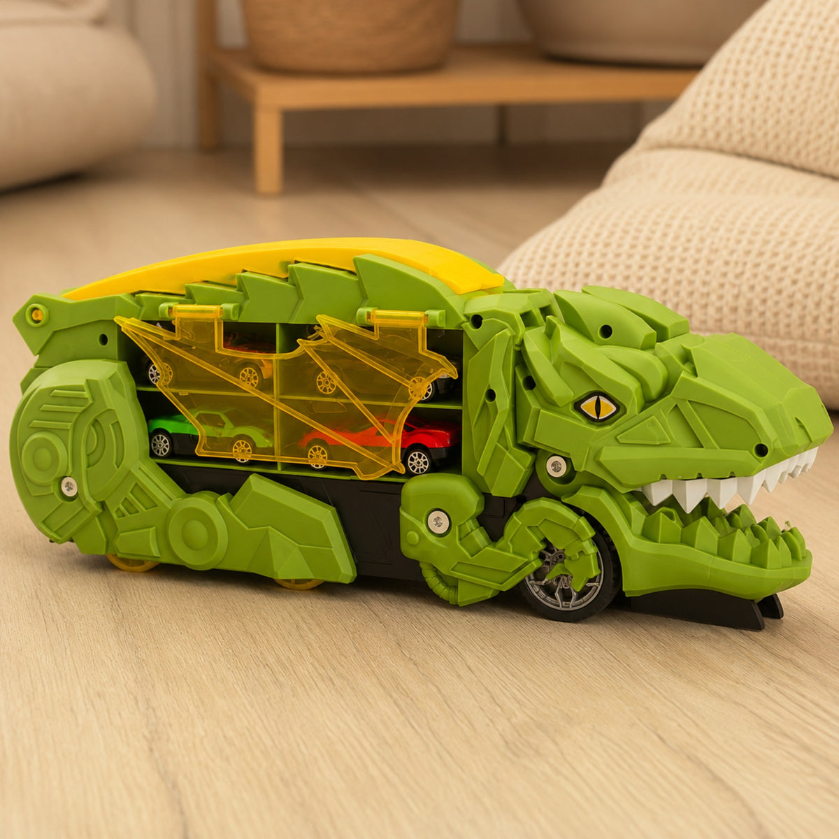 Dinosaur-shaped truck opening into a race track