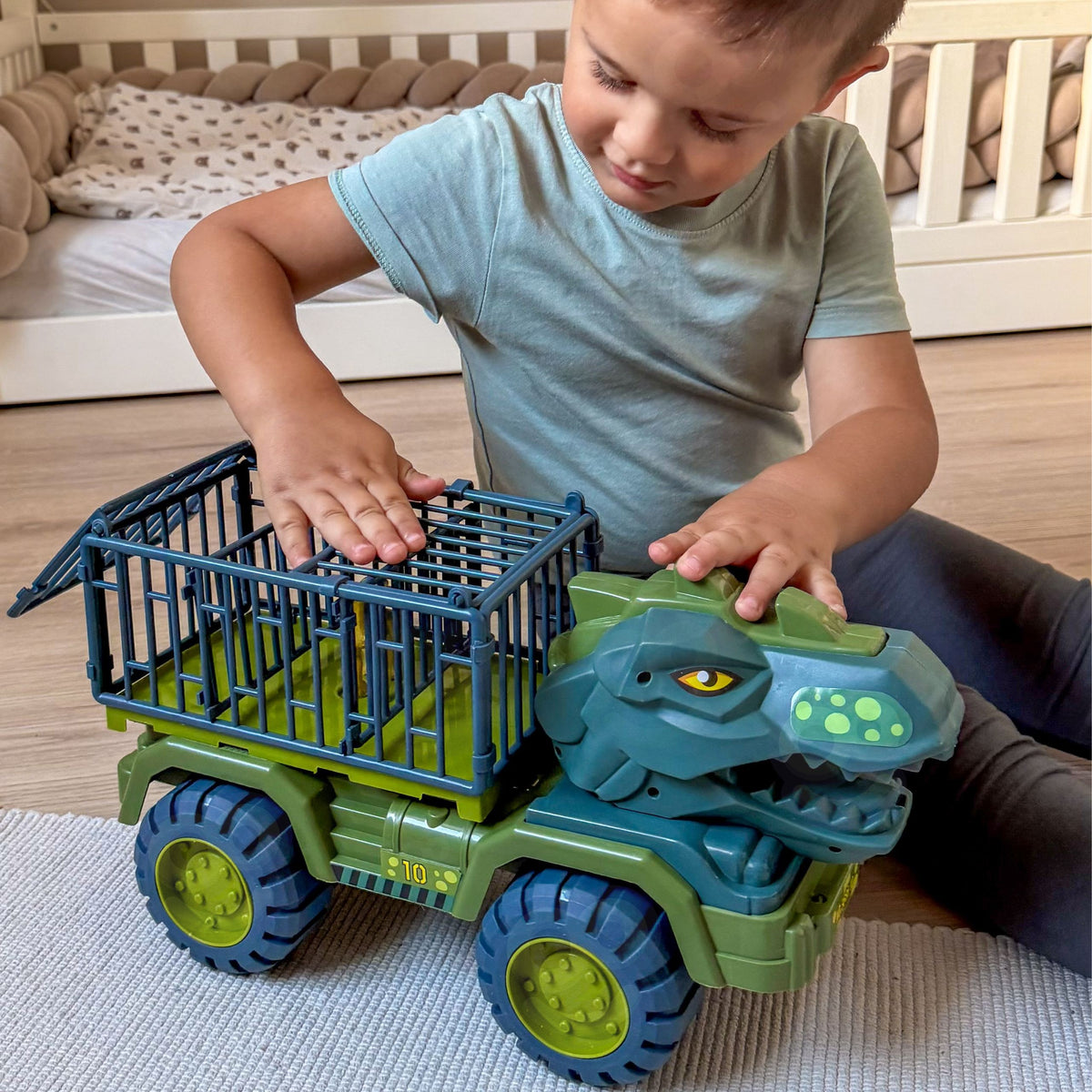 Dinosaur truck with scaly body and open mouth