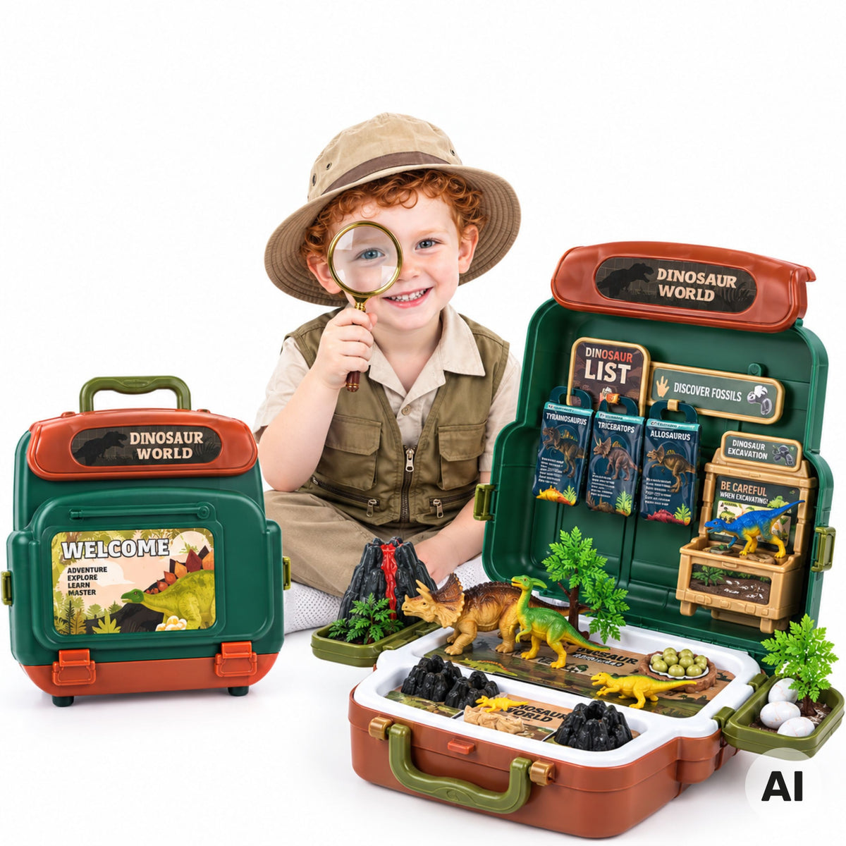 Woopie Dinosaur World play set in a case with 9 dinosaurs