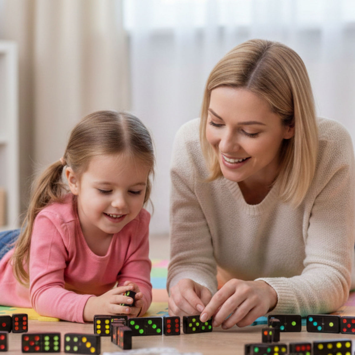 Family playing colourful dominoes at the table