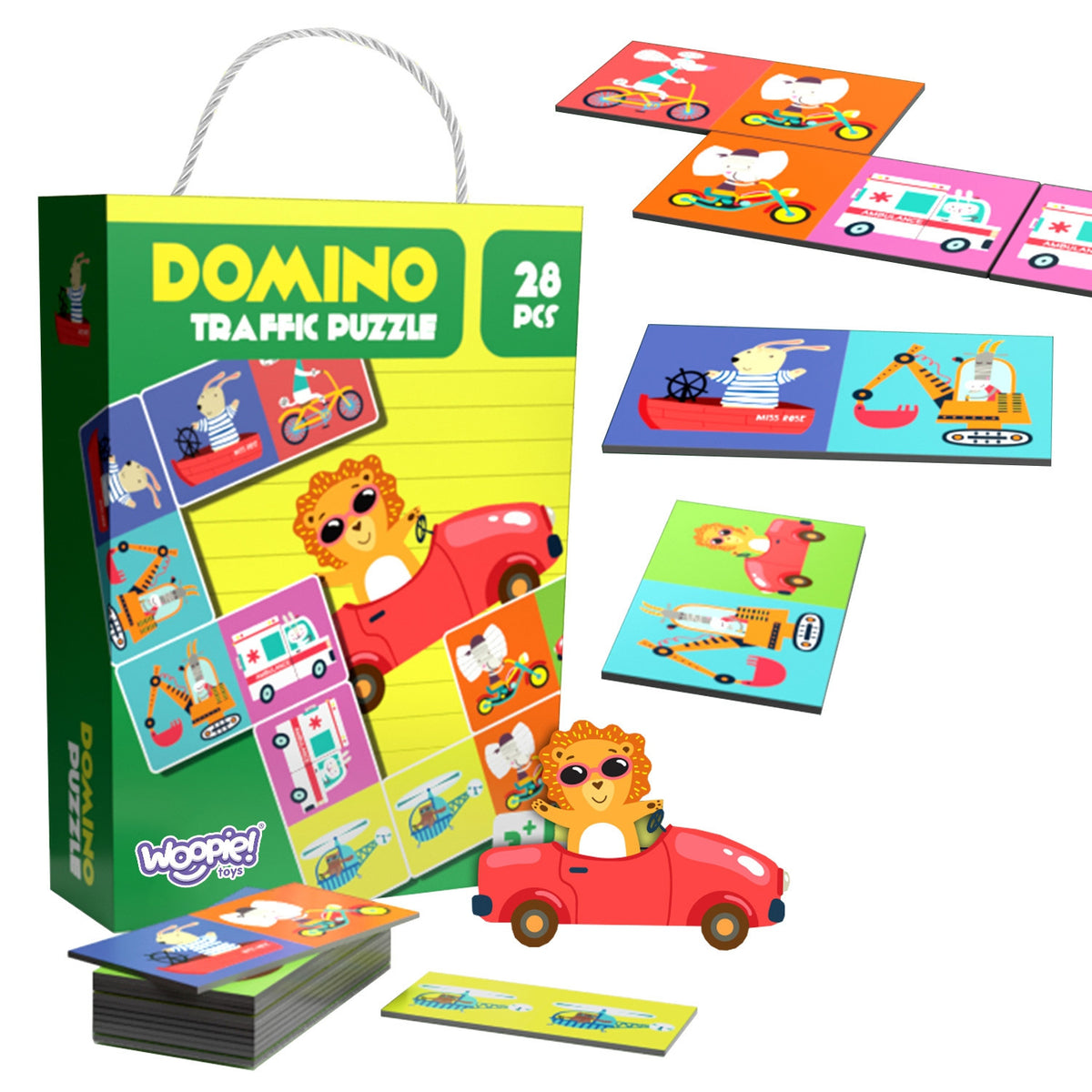 Woopie bilžu domino – dzīvnieki transportā, 28 kauliņi