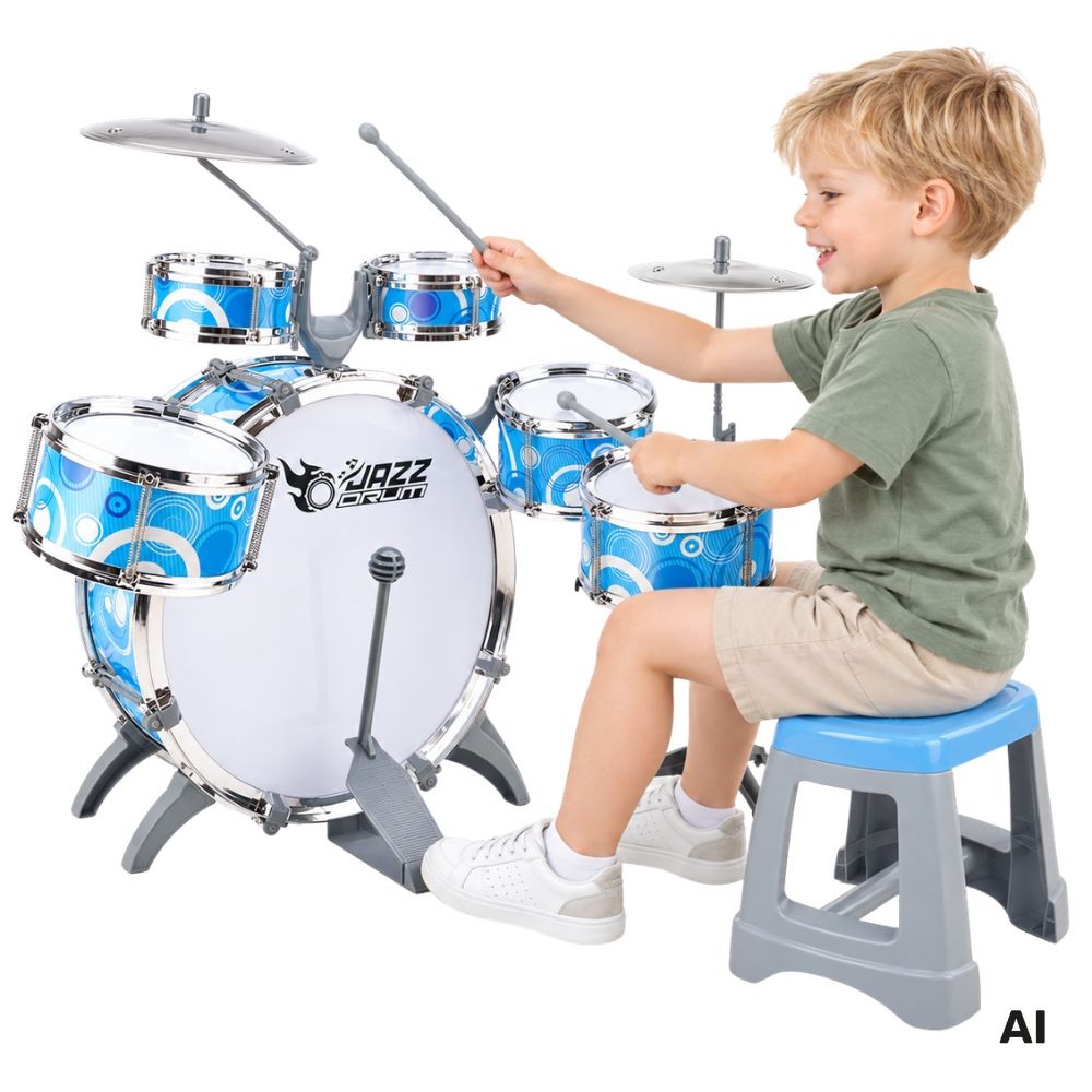 Woopie blue kids drum kit with 6 drums, 2 cymbals and stool