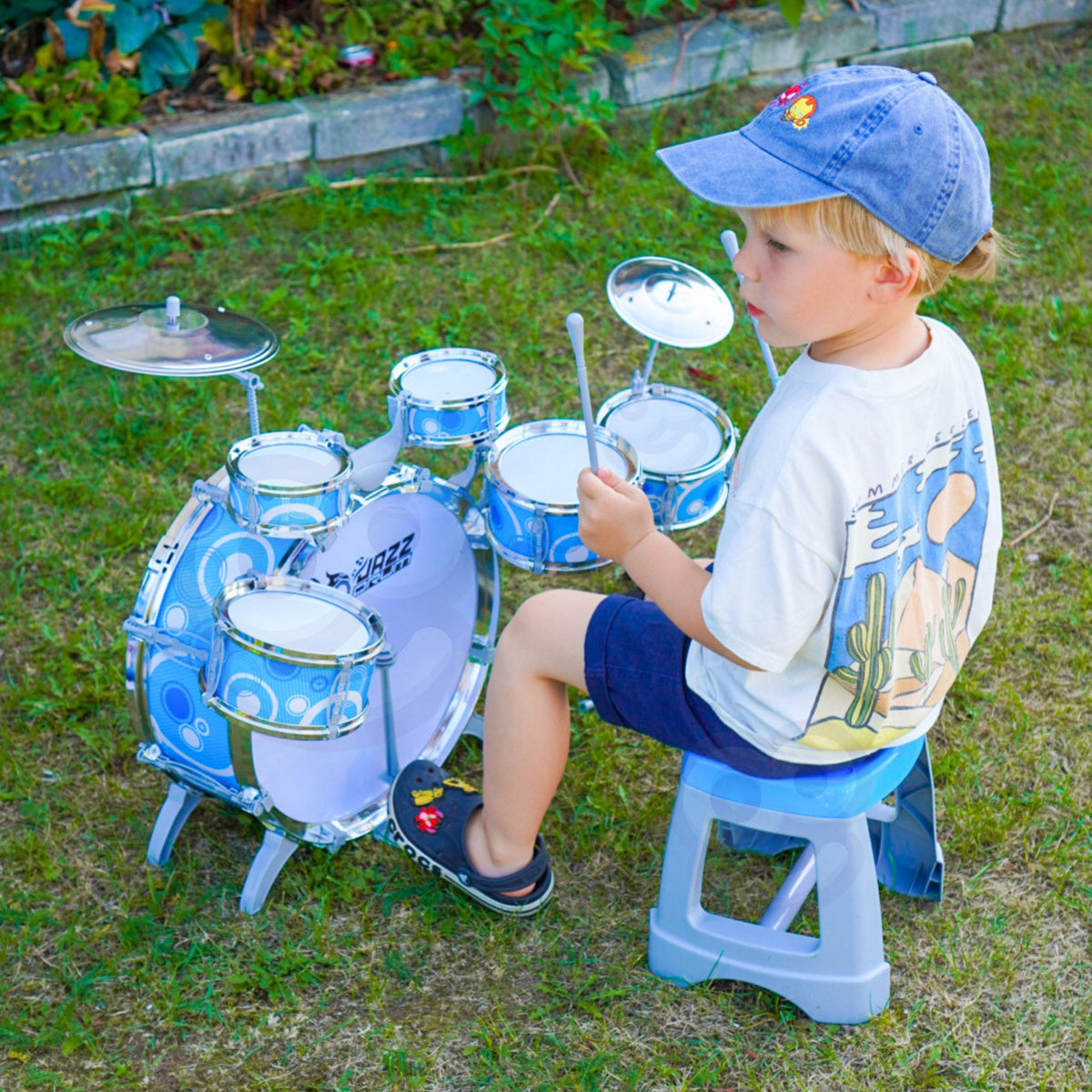 Kids bass drum with foot pedal and two cymbals