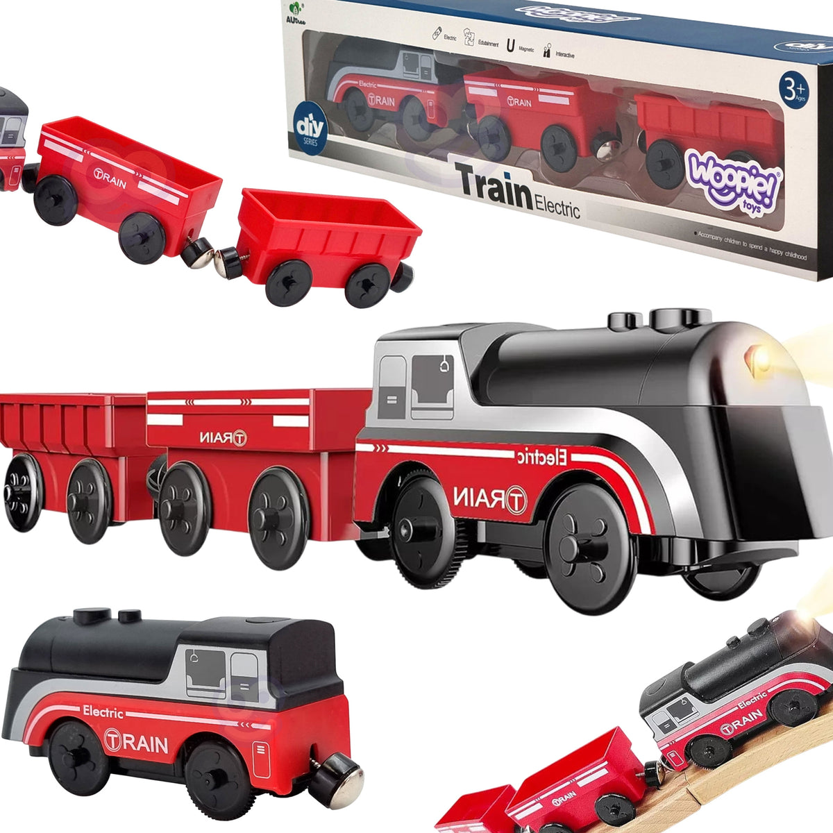 Woopie battery-powered toy locomotive with magnetic carriages