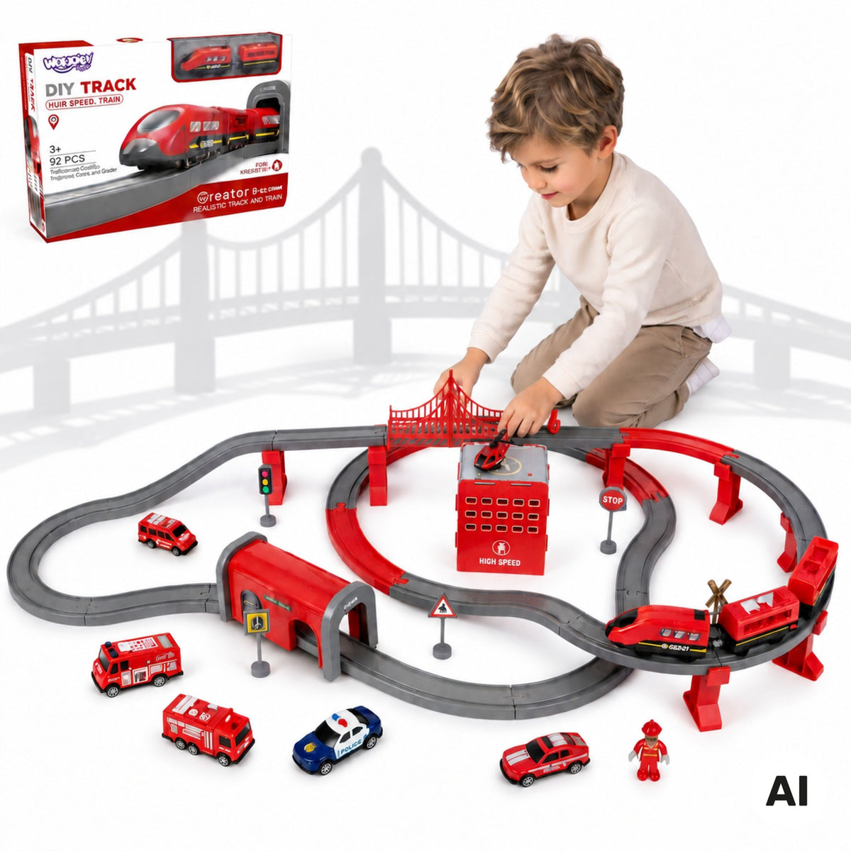 Woopie electric fire station train track set, 92 pieces