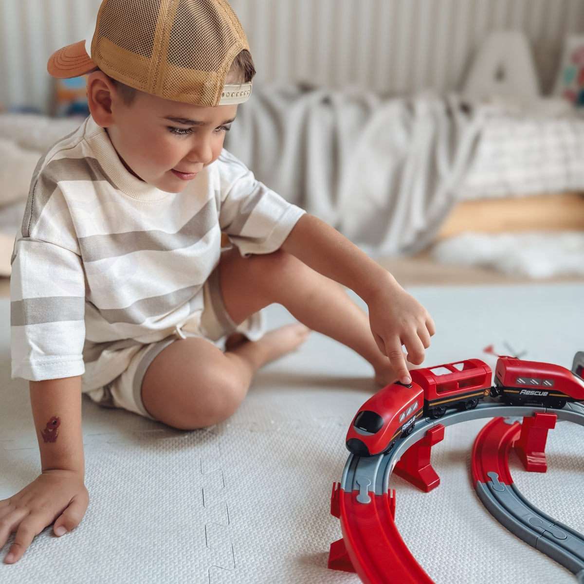 Train track with bridge, tunnel and fire station