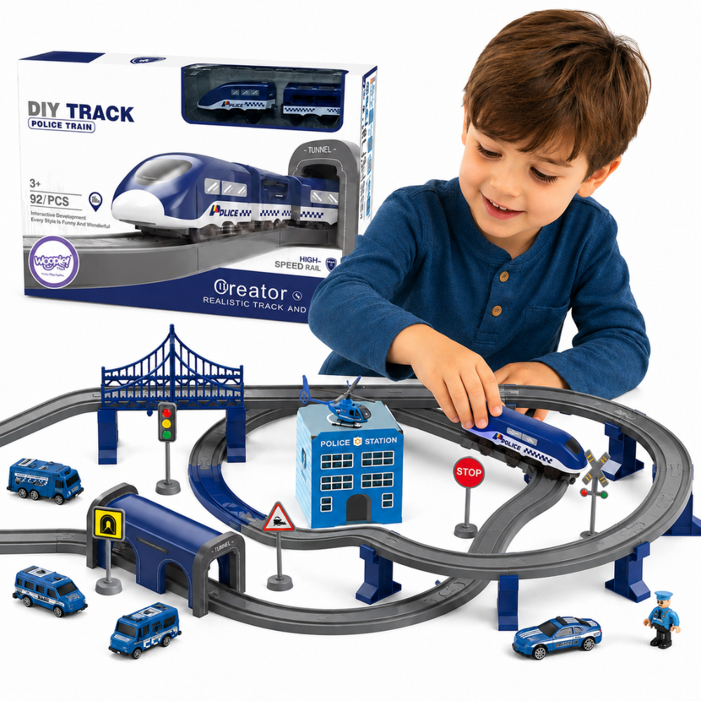 Woopie electric police train track set with station, 92 pieces
