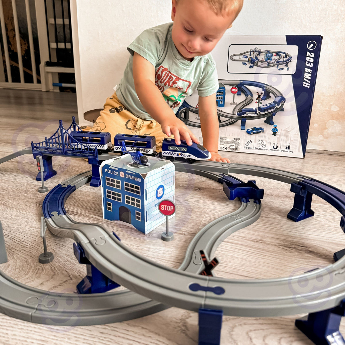 Multi-level police train track with bridge and viaducts