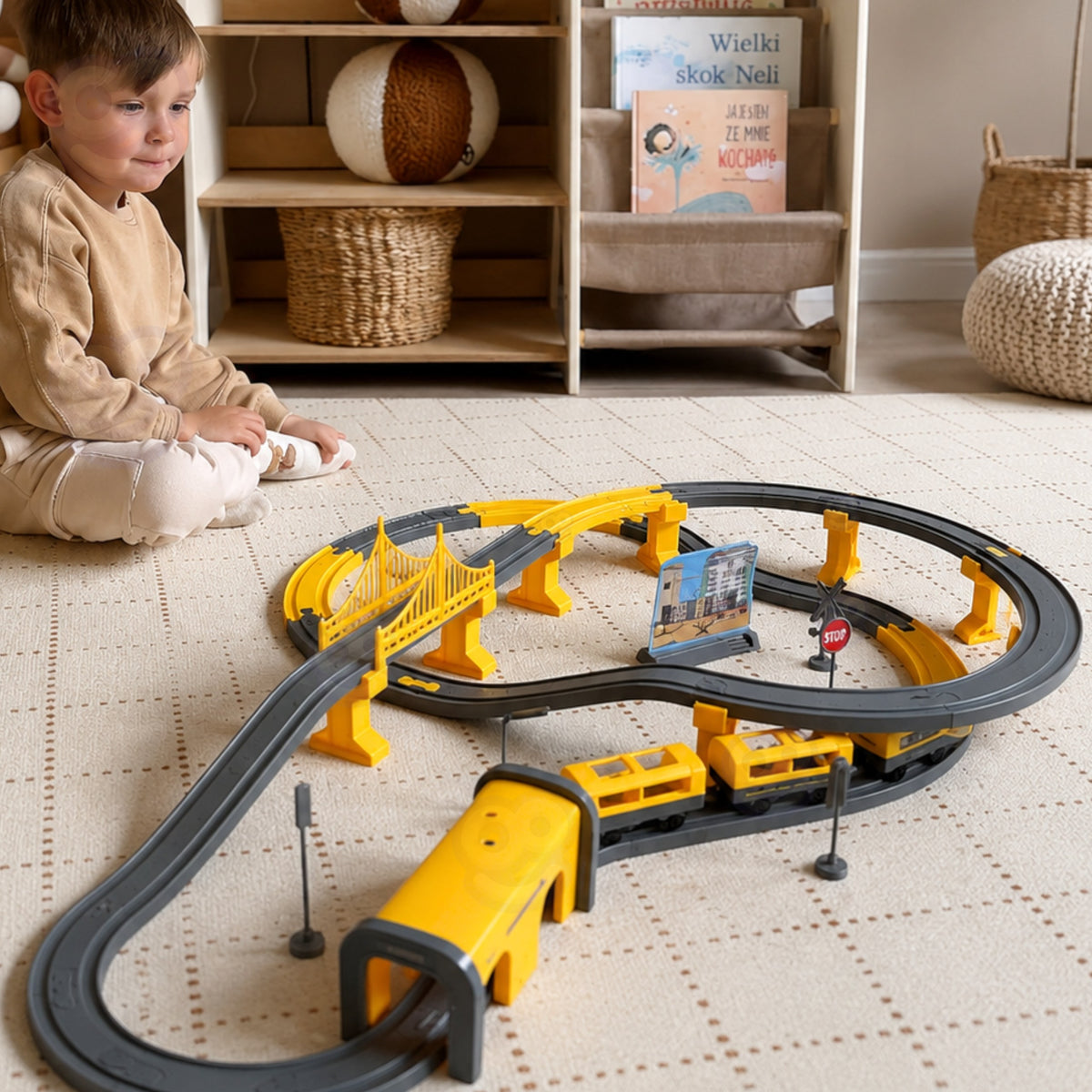Train track with tunnel and road signs set up