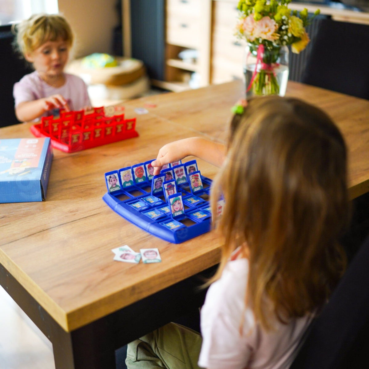 Guess Who game – blue and red boards with flip-up windows