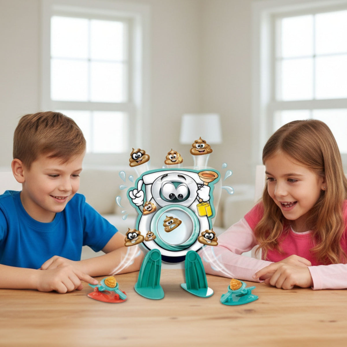 Toy toilet game board with two launchers