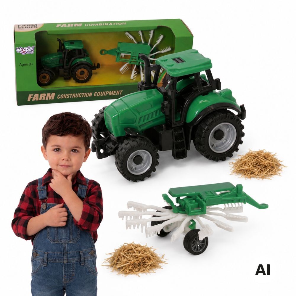 Woopie green farm tractor toy with attachable hay rake