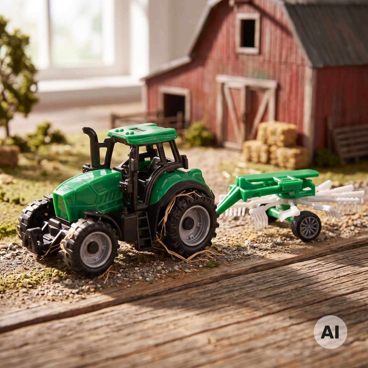 Green toy tractor side view with moving parts