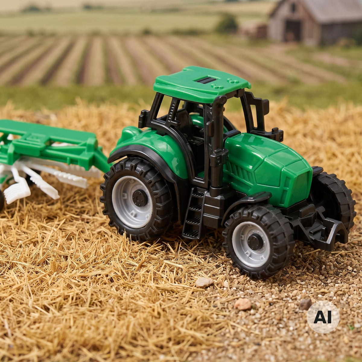 Hay rake attached to the back of the toy tractor