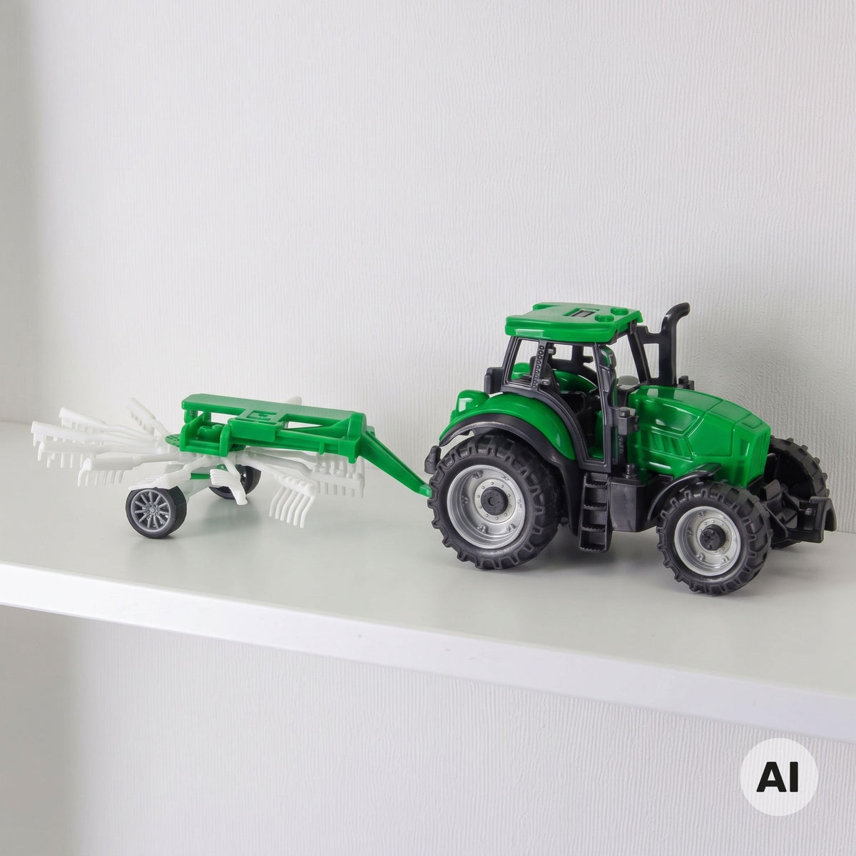 Child playing farm with the green toy tractor