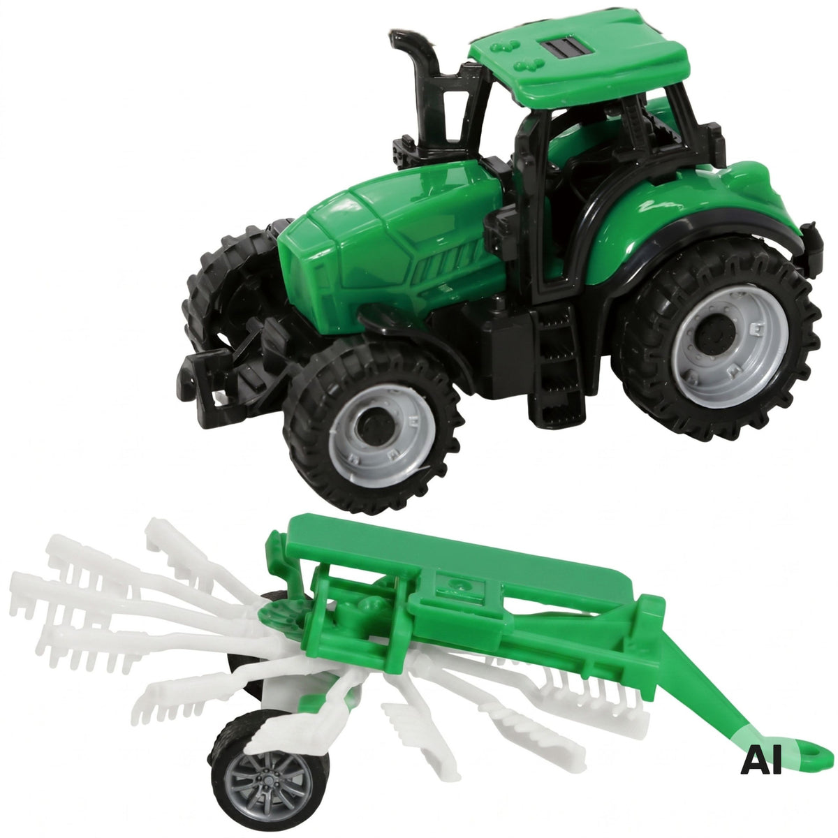 Farm tractor with rake in its packaging – Woopie