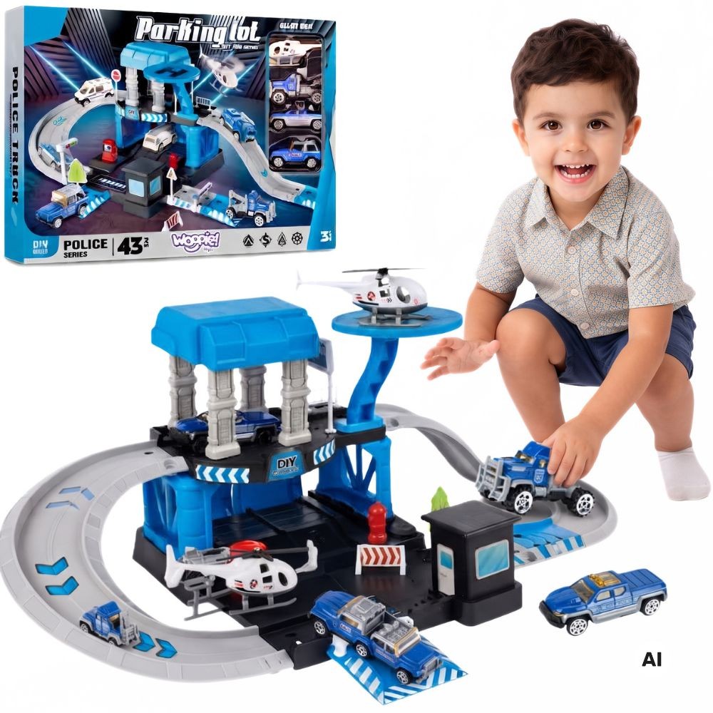 Woopie police multi-level parking garage with helicopter