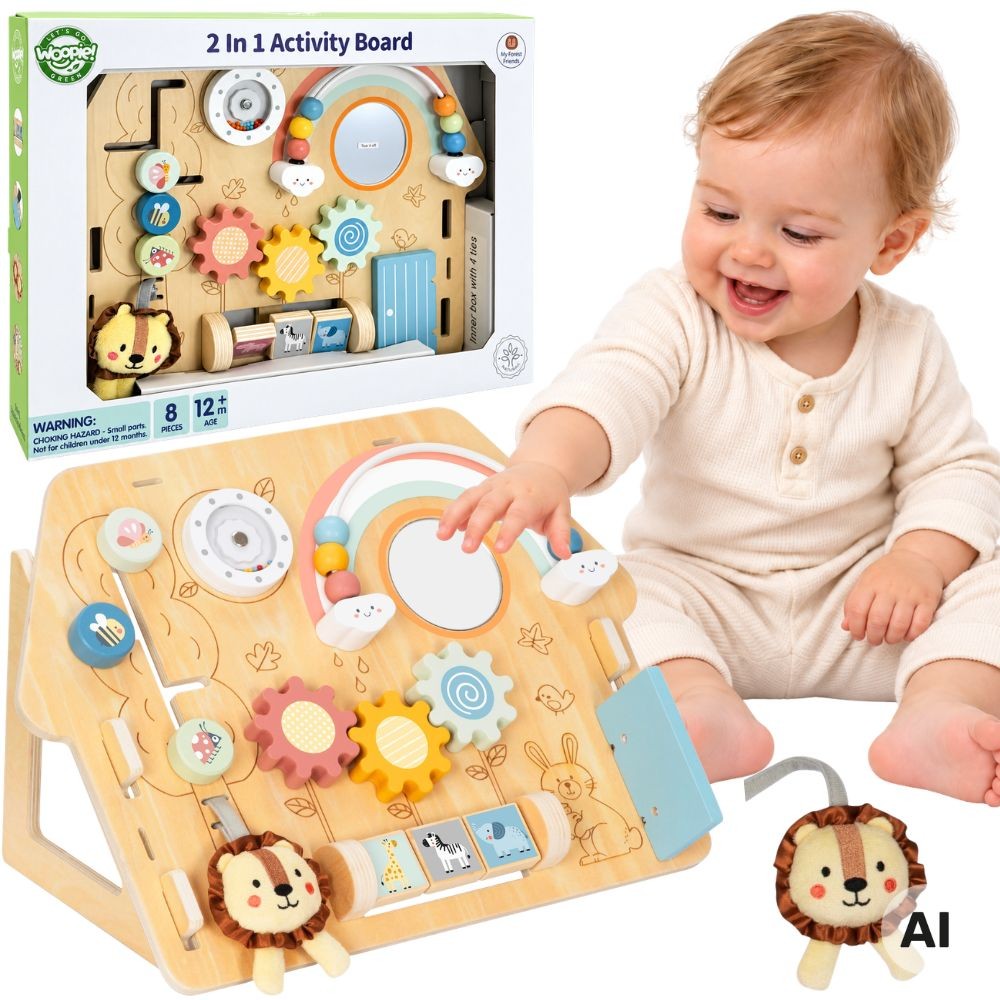 Woopie Green 2-in-1 wooden activity board shaped like a house