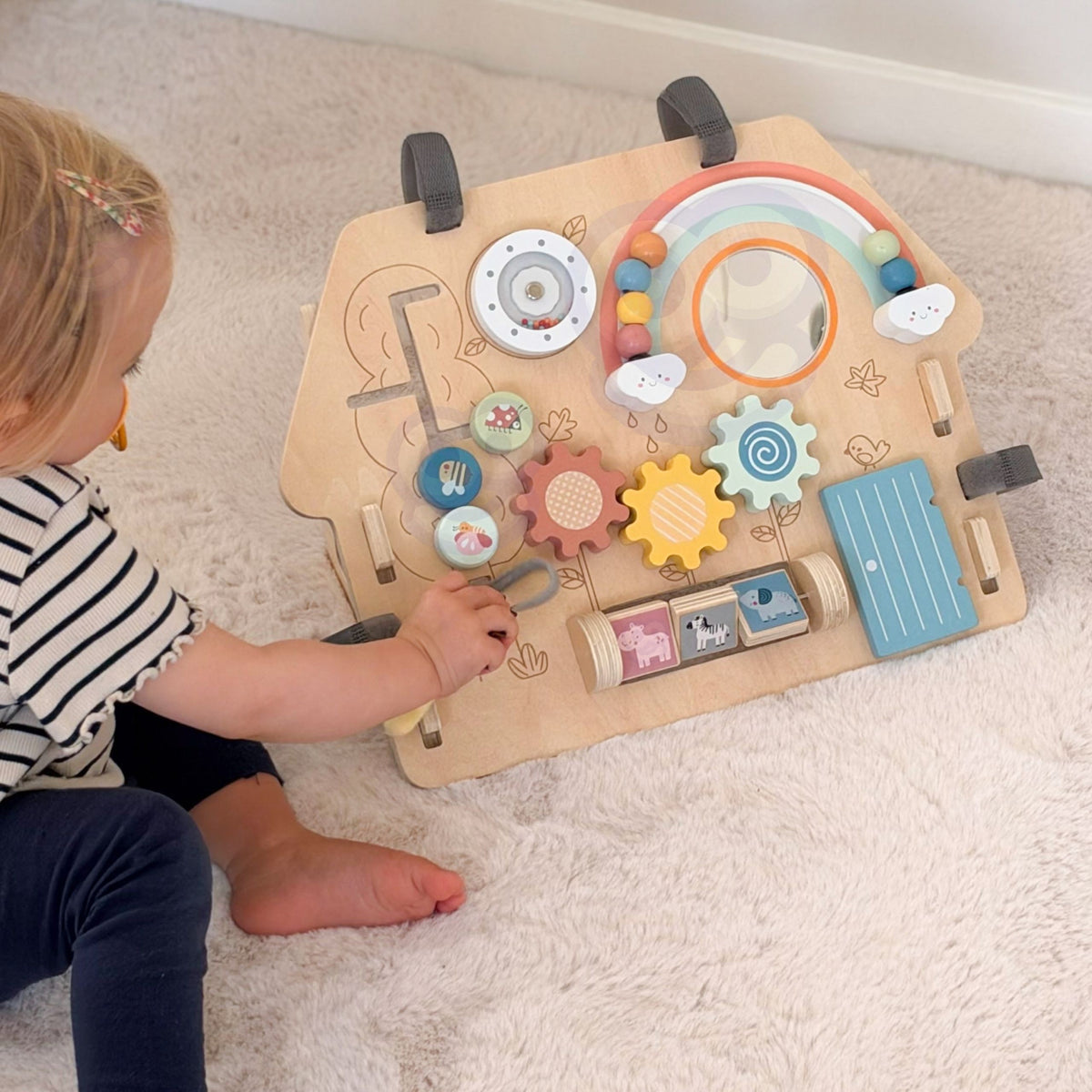Wooden activity board – gears and rainbow bead slider