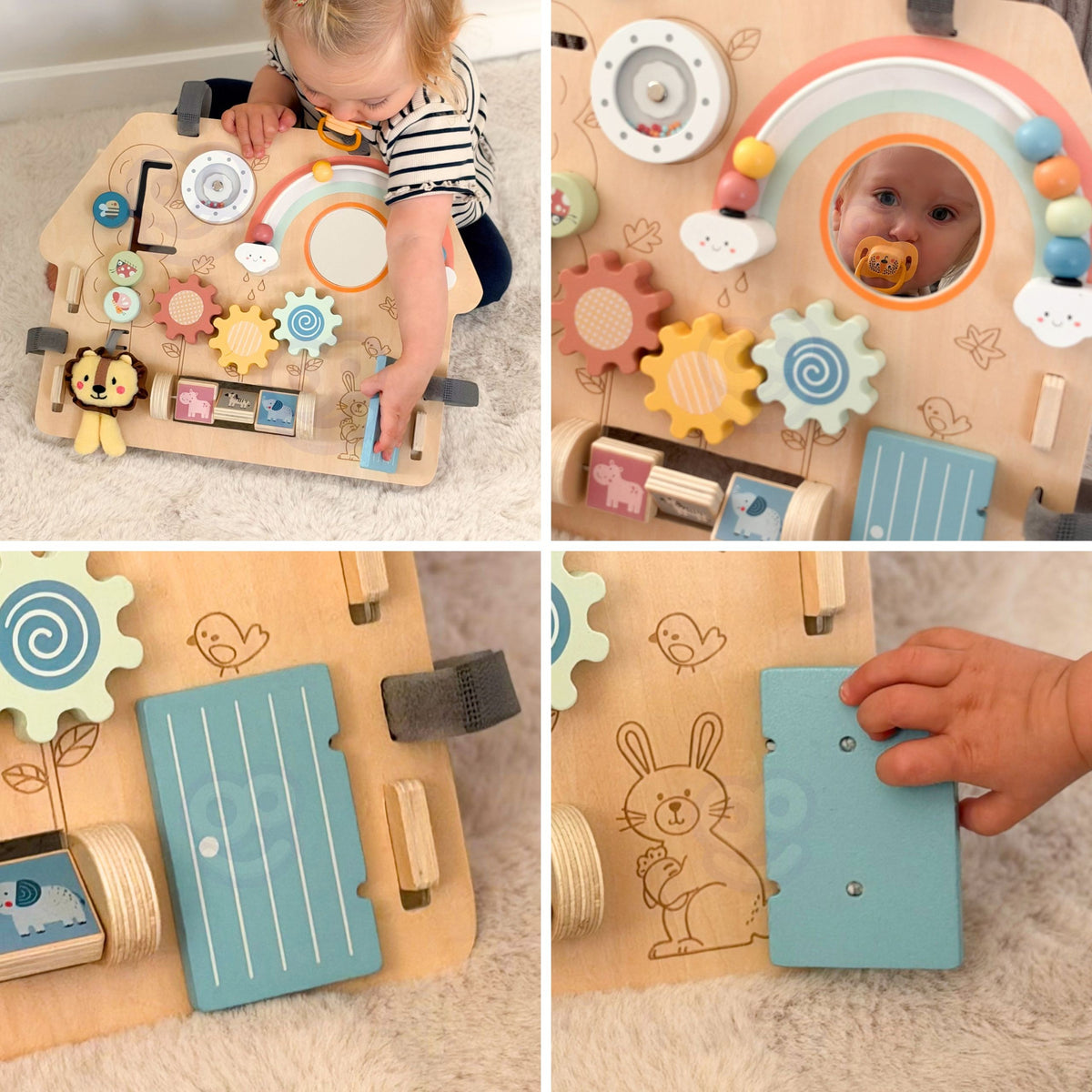 Wooden activity board – mirror, doors and turning animal blocks